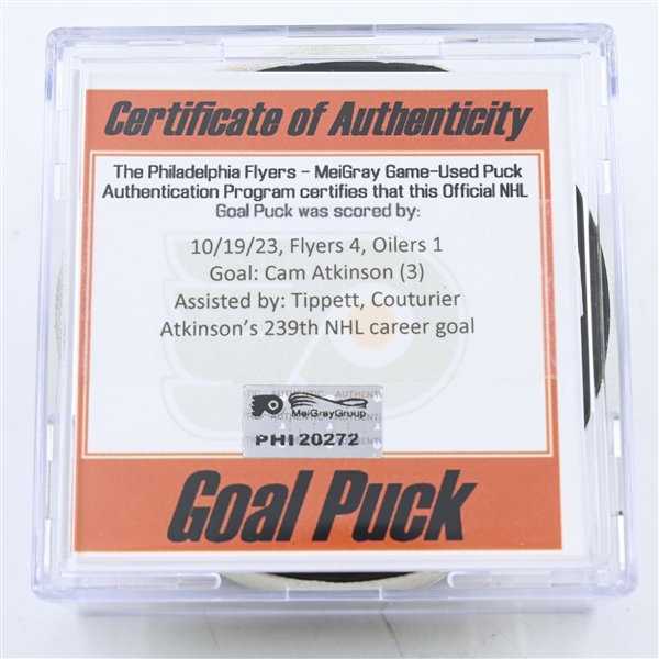 Cam Atkinson - Philadelphia Flyers - Goal Puck - October 19, 2023 vs. Edmonton Oilers (Flyers Logo)