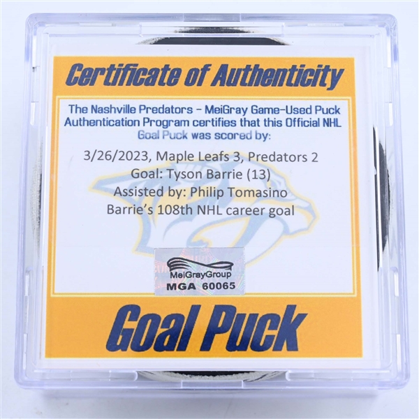 Tyson Barrie - Nashville Predators - Goal Puck - March 26, 2023 vs. Toronto Maple Leafs (Predators Logo)