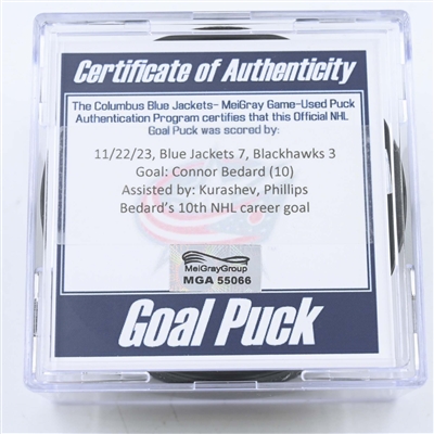 Connor Bedard - Chicago Blackhawks - Goal Puck - November 22, 2023 vs. Columbus Blue Jackets (Blue Jackets Logo)