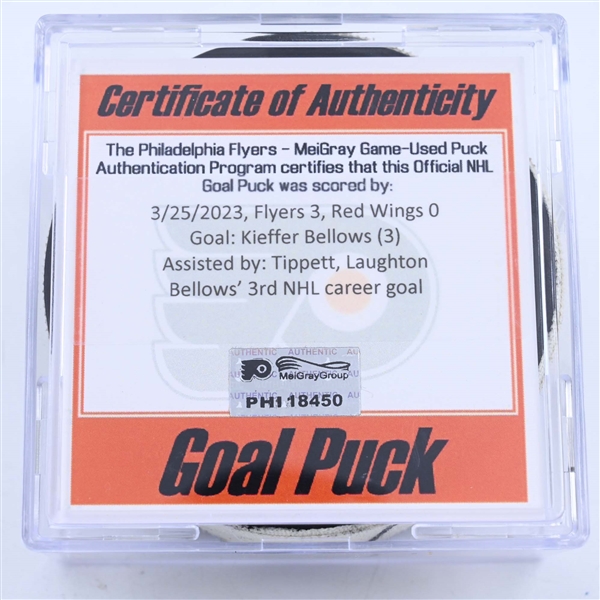 Kieffer Bellows - Philadelphia Flyers - Goal Puck - March 25, 2023 vs. Detroit Red Wings (Flyers Logo)