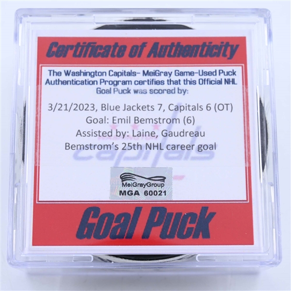 Emil Bemstrom - Columbus Blue Jackets - Goal Puck - March 21, 2023 vs. Washington Capitals (Capitals Logo)