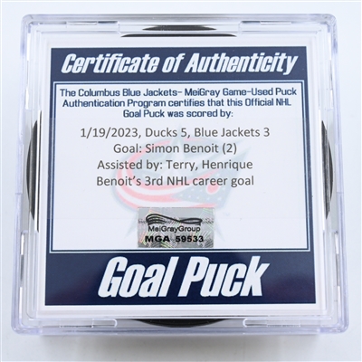 Simon Benoit - Anaheim Ducks - Goal Puck -  January 19, 2023 vs. Columbus Blue Jackets (Blue Jackets Logo)