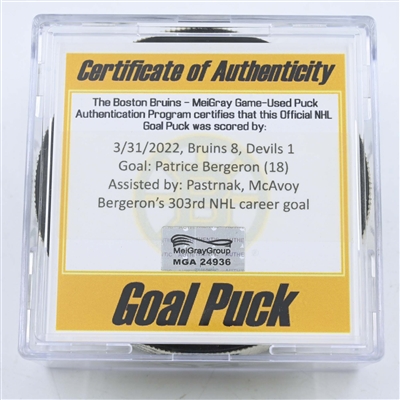 Patrice Bergeron  - Boston Bruins - Goal Puck - March 31, 2022 vs New Jersey Devils (Boston Bruins logo)