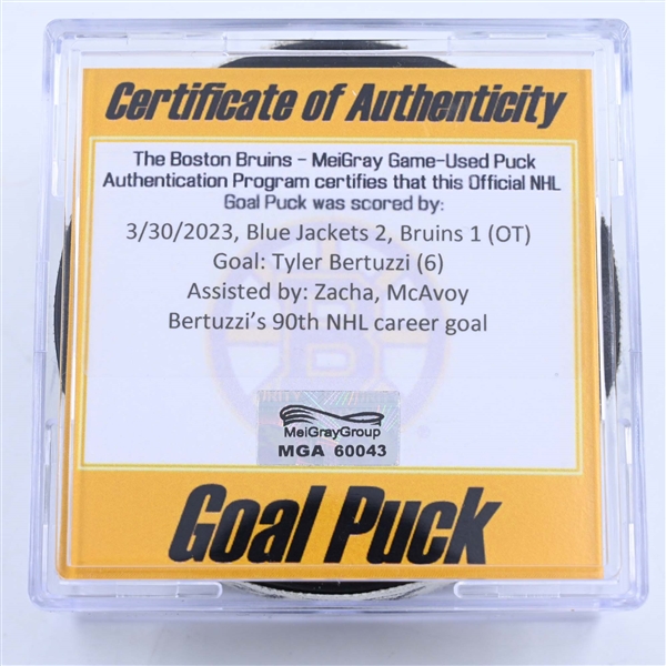 Tyler Bertuzzi - Boston Bruins - Goal Puck - March 30, 2023 vs. Columbus Blue Jackets (Bruins Logo)
