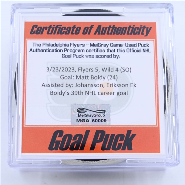 Matt Boldy - Minnesota Wild - Goal Puck - March 23, 2023 vs. Philadelphia Flyers (Flyers Logo)