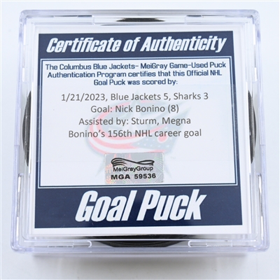 Nick Bonino - San Jose Sharks - Goal Puck -  January 21, 2023 vs. Columbus Blue Jackets (Blue Jackets Logo)