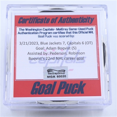 Adam Boqvist - Columbus Blue Jackets - Goal Puck - March 21, 2023 vs. Washington Capitals (Capitals Logo)