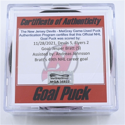 Jesper Bratt - New Jersey Devils - Goal Puck - November 28, 2021 vs. Philadelphia Flyers (Devils Logo)