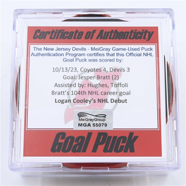 Jesper Bratt - New Jersey Devils - Goal Puck - October 13, 2023 vs. Arizona Coyotes (New Jersey Devils Logo)