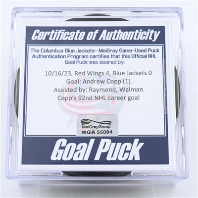 Andrew Copp - Detroit Red Wings - Goal Puck - October 16, 2023 vs. Columbus Blue Jackets (Blue Jackets Logo)