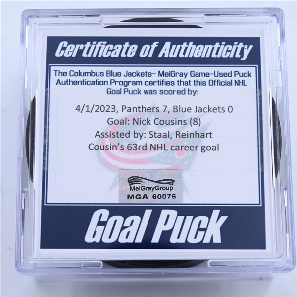 Nick Cousins - Florida Panthers - Goal Puck - April 1, 2023 vs. Columbus Blue Jackets (Blue Jackets Logo)