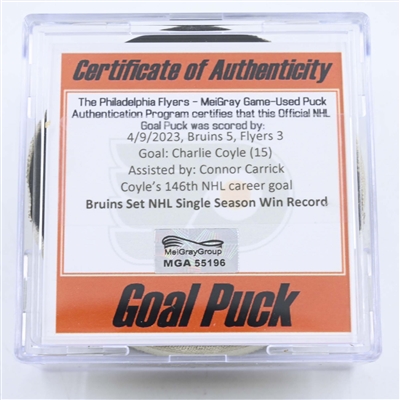 Charlie Coyle - Boston Bruins - Goal Puck - April 9, 2023 vs. Philadelphia Flyers (Flyers Logo) - Bruins Set NHL Win Record