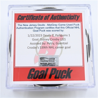 Sidney Crosby - Pittsburgh Penguins - Goal Puck -  January 22, 2023 vs. New Jersey Devils (Devils 40th Anniversary Logo)