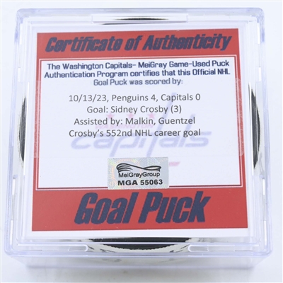 Sidney Crosby - Pittsburgh Penguins - Goal Puck - October 13, 2023 vs. Washington Capitals (Capitals Logo)