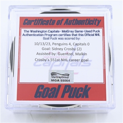 Sidney Crosby - Pittsburgh Penguins - Goal Puck - October 13, 2023 vs. Washington Capitals (Capitals Logo)