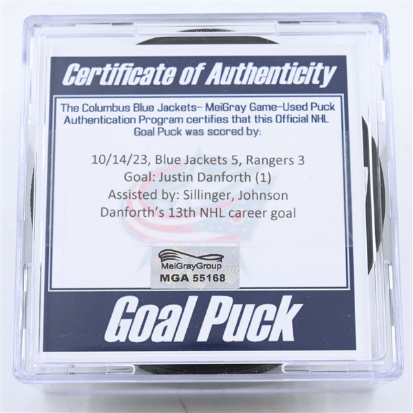 Justin Danforth - Columbus Blue Jackets - Goal Puck - October 14, 2023 vs. New York Rangers (Blue Jackets Logo)