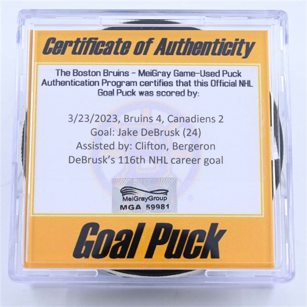 Jake DeBrusk - Boston Bruins - Goal Puck - March 23, 2023 vs. Montreal Canadiens (Bruins Logo)