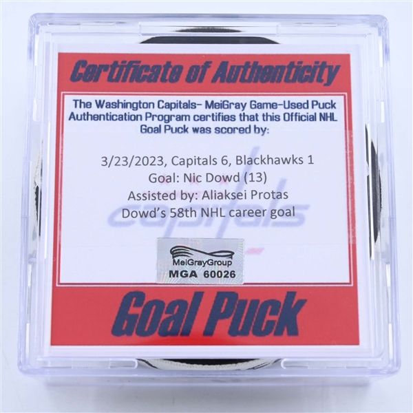 Nic Dowd - Washington Capitals - Goal Puck - March 23, 2023 vs. Chicago Blackhawks (Capitals Logo)