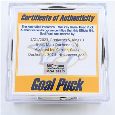 Matt Duchene - Nashville Predators - Goal Puck -  January 21, 2023 vs. Los Angeles Kings (Predators Logo)