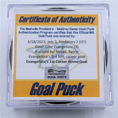 Luke Evangelista - Nashville Predators - Goal Puck - March 18, 2023 vs. Winnipeg Jets (Predators Logo)