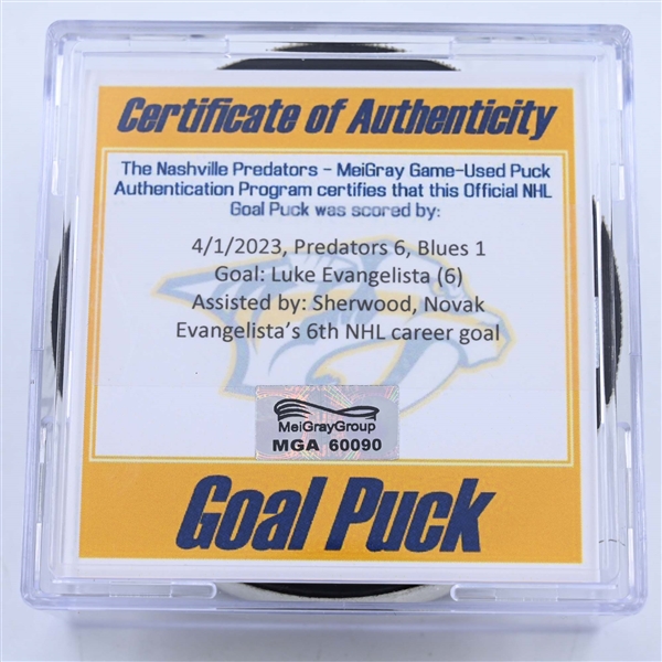 Luke Evangelista - Nashville Predators - Goal Puck - April 1, 2023 vs. St. Louis Blues (Predators Logo)