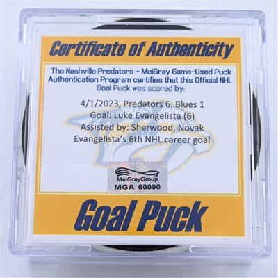 Luke Evangelista - Nashville Predators - Goal Puck - April 1, 2023 vs. St. Louis Blues (Predators Logo)