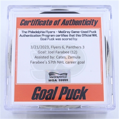 Joel Farabee - Philadelphia Flyers - Goal Puck - March 21, 2023 vs. Florida Panthers (Flyers Logo)