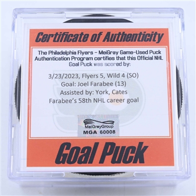 Joel Farabee - Philadelphia Flyers - Goal Puck - March 23, 2023 vs. Minnesota Wild (Flyers Logo)