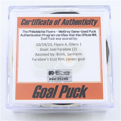 Joel Farabee - Philadelphia Flyers - Goal Puck - October 19, 2023 vs. Edmonton Oilers (Flyers Logo)