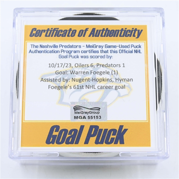 Warren Foegele - Edmonton Oilers - Goal Puck - October 17, 2023 vs. Nashville Predators (Predators 25th Anniversary Logo)