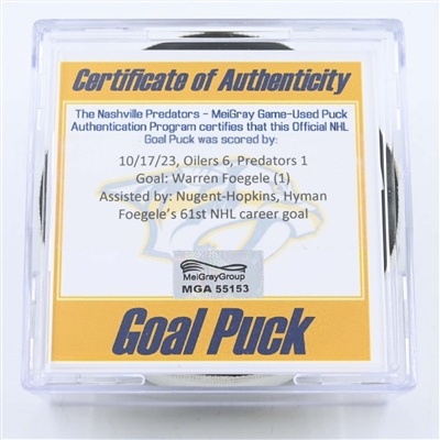 Warren Foegele - Edmonton Oilers - Goal Puck - October 17, 2023 vs. Nashville Predators (Predators 25th Anniversary Logo)