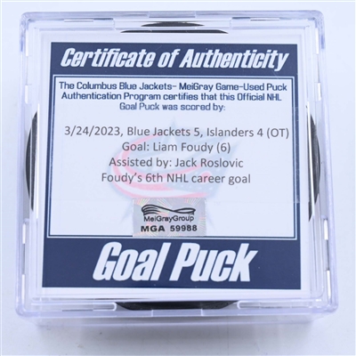 Liam Foudy - Columbus Blue Jackets - Goal Puck - March 24, 2023 vs. New York Islanders (Blue Jackets Logo)