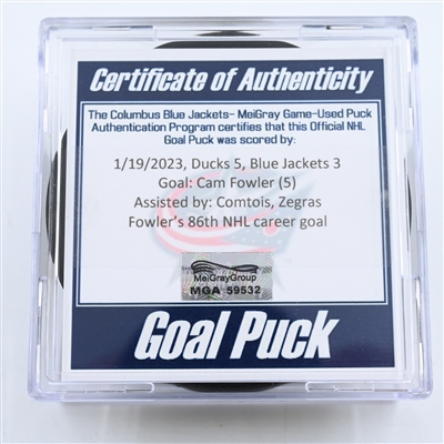 Cam Fowler - Anaheim Ducks - Goal Puck -  January 19, 2023 vs. Columbus Blue Jackets (Blue Jackets Logo)