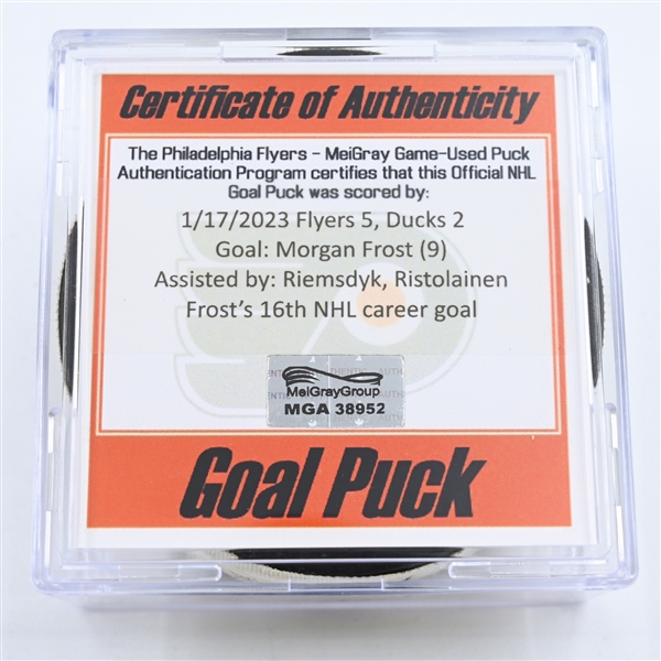 Morgan Frost - Philadelphia Flyers - Goal Puck -  January 17, 2023 vs. Anaheim Ducks (Flyers Logo)