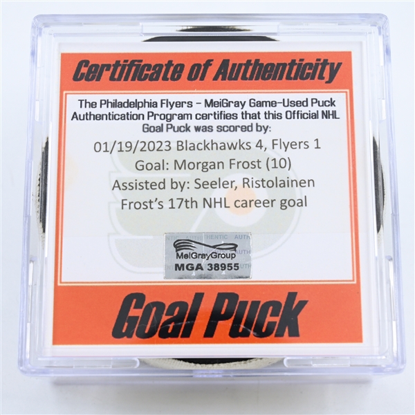 Morgan Frost - Philadelphia Flyers - Goal Puck -  January 19, 2023 vs. Chicago Blackhawks (Flyers Logo)