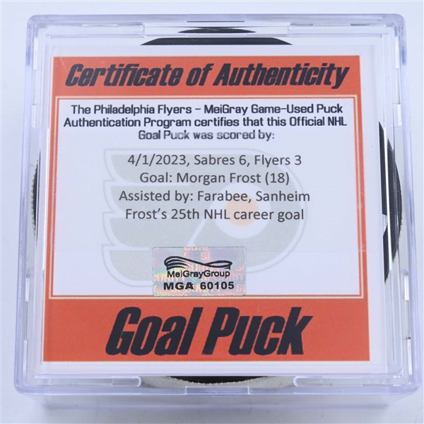 Morgan Frost - Philadelphia Flyers - Goal Puck - April 1, 2023 vs. Buffalo Sabres (Flyers Logo)