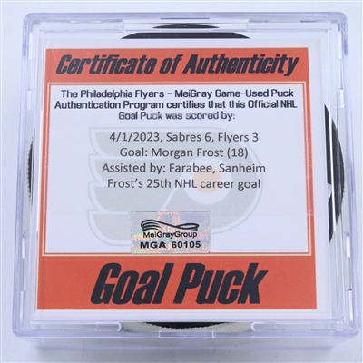 Morgan Frost - Philadelphia Flyers - Goal Puck - April 1, 2023 vs. Buffalo Sabres (Flyers Logo)