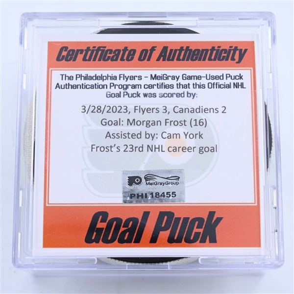 Morgan Frost - Philadelphia Flyers - Goal Puck - March 28, 2023 vs. Montreal Canadiens (Flyers Logo)