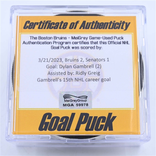 Dylan Gambrell - Ottawa Senators - Goal Puck - March 21, 2023 vs. Boston Bruins (Bruins Logo)