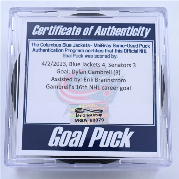 Dylan Gambrell - Ottawa Senators - Goal Puck - April 2, 2023 vs. Columbus Blue Jackets (Blue Jackets Logo)