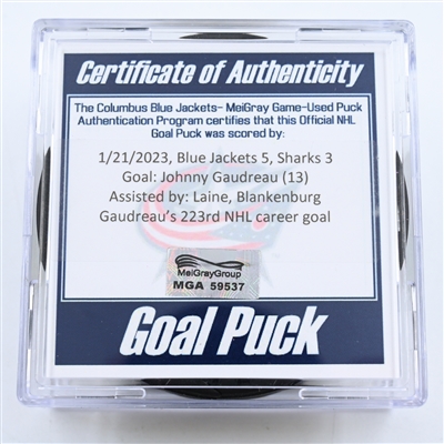 Johnny Gaudreau - Columbus Blue Jackets - Goal Puck -  January 21, 2023 vs. San Jose Sharks (Blue Jackets Logo)