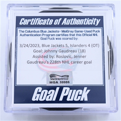 Johnny Gaudreau - Columbus Blue Jackets - Goal Puck - March 24, 2023 vs. New York Islanders (Blue Jackets Logo)
