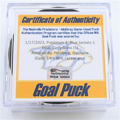Cody Glass - Nashville Predators - Goal Puck -  January 17, 2023 vs. Columbus Blue Jackets (Predators Logo)