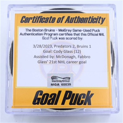 Cody Glass - Nashville Predators - Goal Puck - March 28, 2023 vs. Boston Bruins (Bruins Logo)
