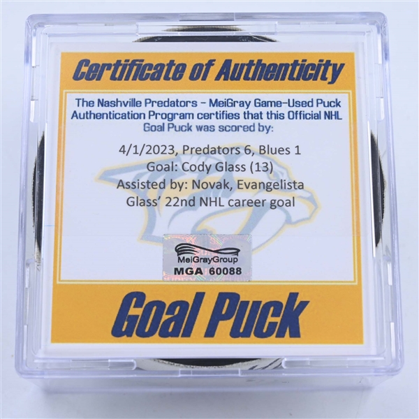 Cody Glass - Nashville Predators - Goal Puck - April 1, 2023 vs. St. Louis Blues (Predators Logo)