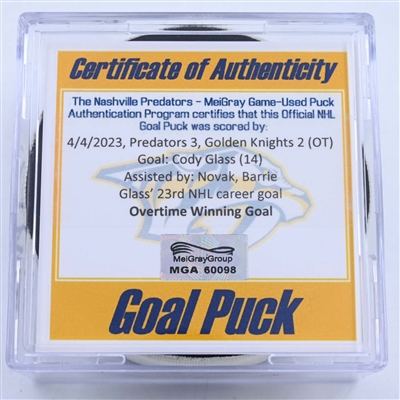 Cody Glass - Nashville Predators - Goal Puck - April 4, 2023 vs. Vegas Golden Knights (Predators Logo)