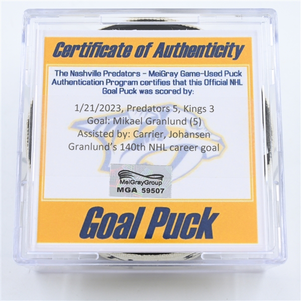 Mikael Granlund - Nashville Predators - Goal Puck -  January 21, 2023 vs. Los Angeles Kings (Predators Logo)
