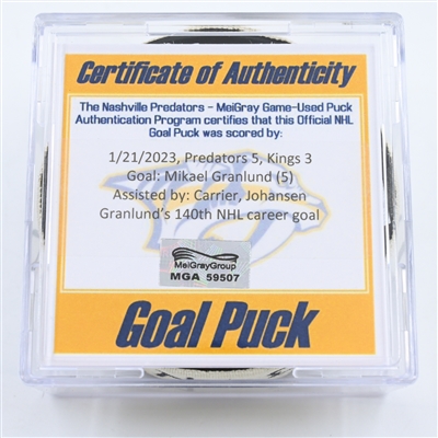 Mikael Granlund - Nashville Predators - Goal Puck -  January 21, 2023 vs. Los Angeles Kings (Predators Logo)