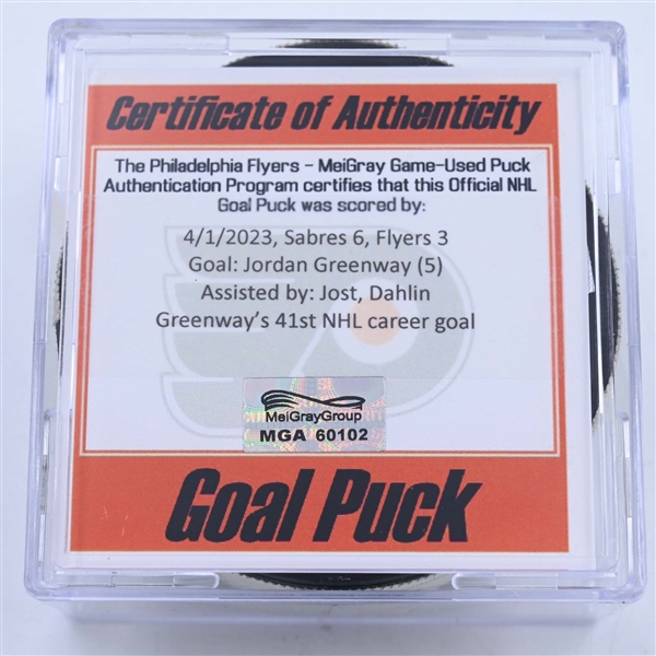 Jordan Greenway - Buffalo Sabres - Goal Puck - April 1, 2023 vs. Philadelphia Flyers (Flyers Logo)