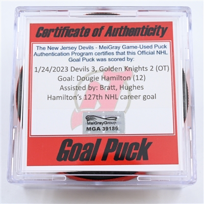 Dougie Hamilton - New Jersey Devils - Goal Puck -  January 24, 2023 vs. Vegas Golden Knights (Devils 40th Anniversary Logo)